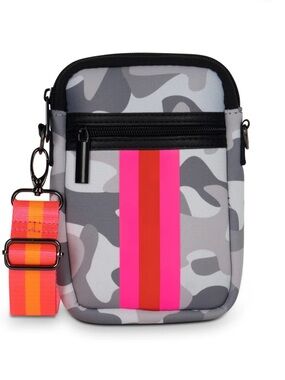 Haute Shore Gray Camo Crossbody Pouch with Pink Accent